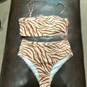 Brown and Tan zebra print bathing suit set.